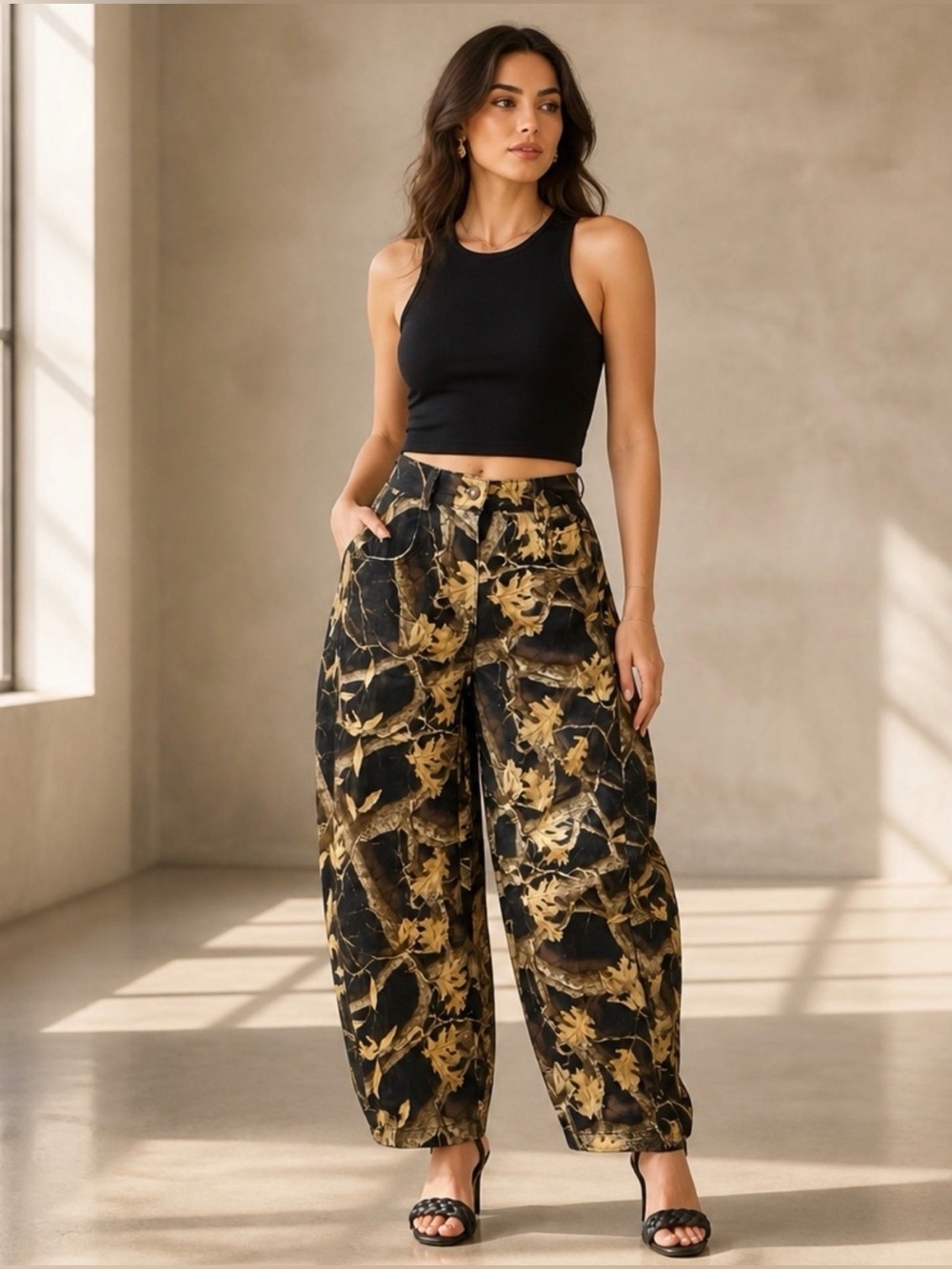 BNWT Davi & Dani Black Tree Camo Relaxed Wide-Leg Barrel Pants